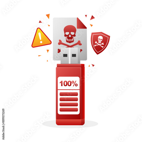 USB Flash Drive Infected with Virus and Security Alert, Cyber Threat and Data Risk Concept, Flat Vector Illustration