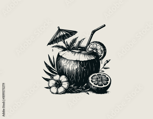 Hand drawn coconut drink illustration shows tropical beverage with straw and garnish minimalist