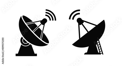 Two satellite dishes communicating with radio waves a bold silhouette
