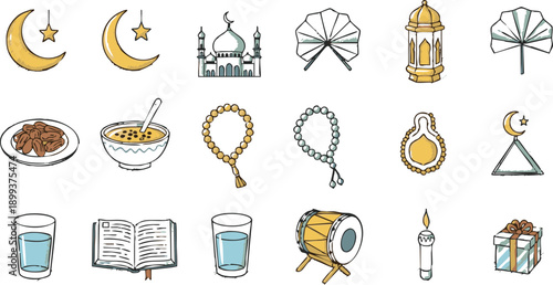 Colorful collection of Ramadan icons depicting Islamic traditions, elements of fasting, prayer, and celebration, including mosque, moon, dates, and family gathering for festive holy month