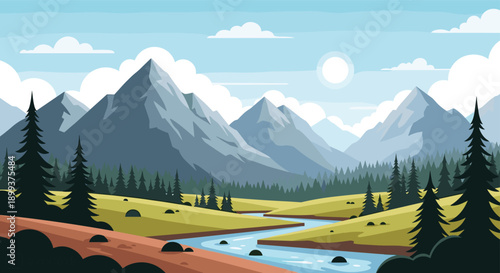 Flat vector illustration of scenic mountain landscape with river, pine trees, grassy valley, jagged peaks, bright sky, peaceful nature design