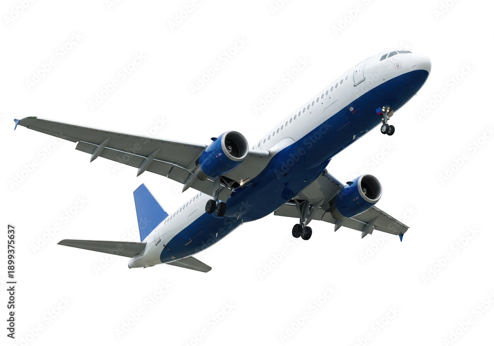 Fototapeta premium A large blue and white commercial airplane flying through the air isolated on transparent background