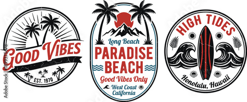 Flat vector illustration of tropical beach logos with palm trees, waves, surfboard, sunburst, retro travel summer vacation emblem design
