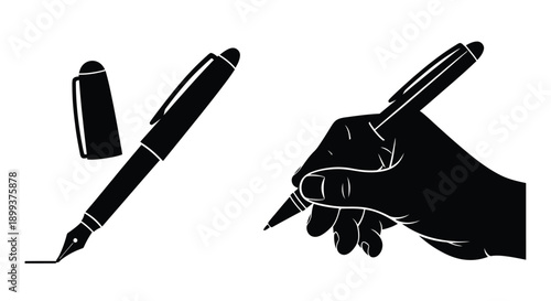 Black silhouette of pens and a writing hand against a white background silhouette