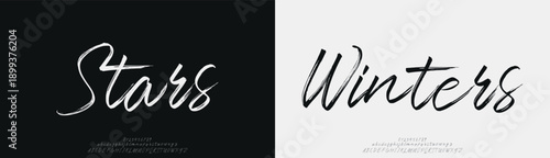 Stars Winters, Elegant Script font alphabet uppercase lowercase and number. Classic lettering minimal fashion designs. Typography modern serif fonts regular decorative vintage concept. Vector illustra