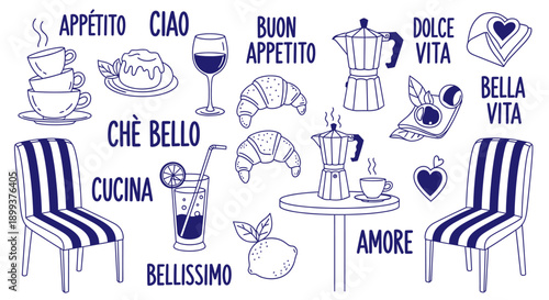 A charming collection of Italian-themed doodles featuring coffee, pastries, drinks, and romantic phrases, set against a white background.