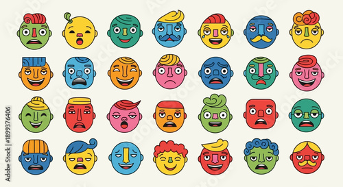 A vibrant collection of 30 unique, stylized cartoon faces expressing a wide range of emotions and personalities.