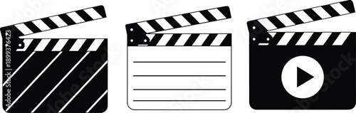 Flat vector illustration of film clapperboard icons including striped board, script design, play button symbol, movie production media design