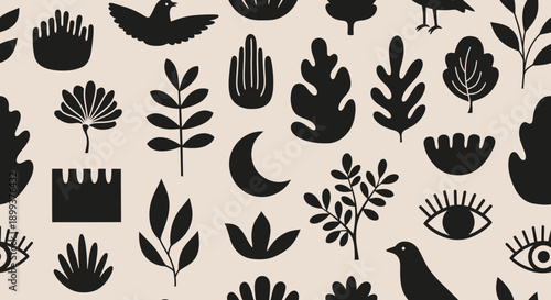 A seamless pattern featuring a collection of black abstract botanical and celestial motifs on a light beige background.