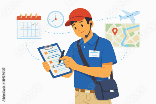 Tour Guide Checking Schedule A flat vector illustration of a tour guide checking itinerary or schedule on a clipboard or smartphone. Flat vector style, organized travel planning.