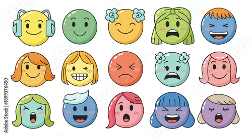 A collection of diverse cartoon-style emojis expressing a wide range of emotions and moods.
