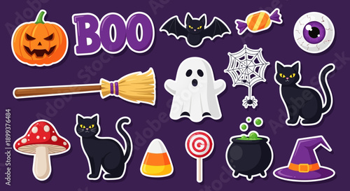 A collection of Halloween-themed cartoon illustrations featuring a pumpkin, ghost, bats, black cats, candy, and a witch's hat.
