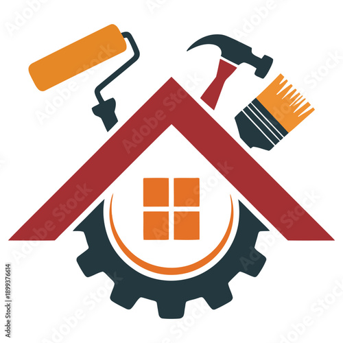Flat design construction and renovation house with tools and gear