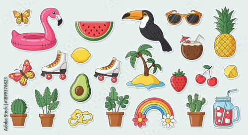 A vibrant collection of summer-themed illustrations featuring tropical fruits, beach accessories, and playful elements.