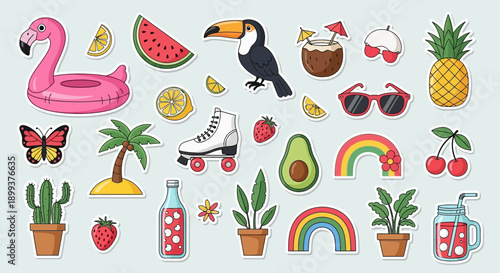 A vibrant collection of summer-themed illustrations featuring a flamingo float, toucan, pineapple, roller skates, and tropical plants.