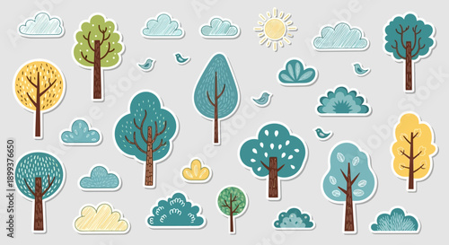 A whimsical collection of stylized trees, fluffy clouds, and a cheerful sun, rendered in a charming, textured, cartoonish art style.
