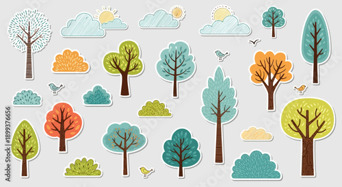 A collection of charming, stylized trees and clouds in various colors and shapes, evoking a whimsical, natural scene.