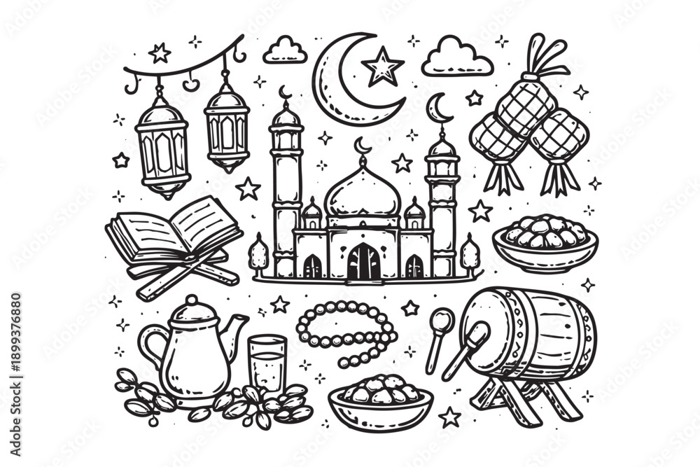 Naklejka premium Set of hand-drawn Ramadan ornaments