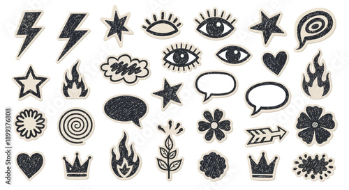 A collection of diverse graphic elements including lightning bolts, stars, eyes, hearts, flames, flowers, and speech bubbles, presented in a black and white textured style.