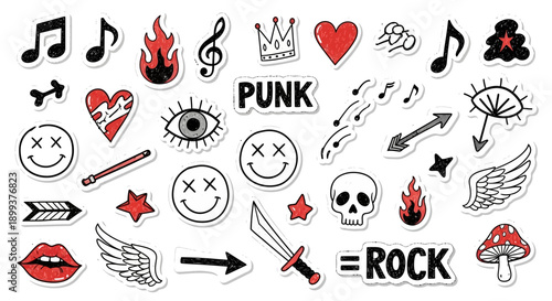 A collection of punk rock and alternative music-themed stickers featuring skulls, flames, musical notes, and edgy symbols.