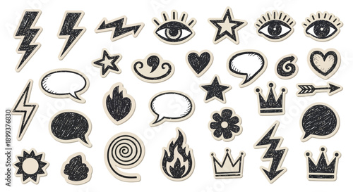 A collection of hand-drawn, sketchy icons and symbols including lightning bolts, eyes, stars, hearts, crowns, and speech bubbles.