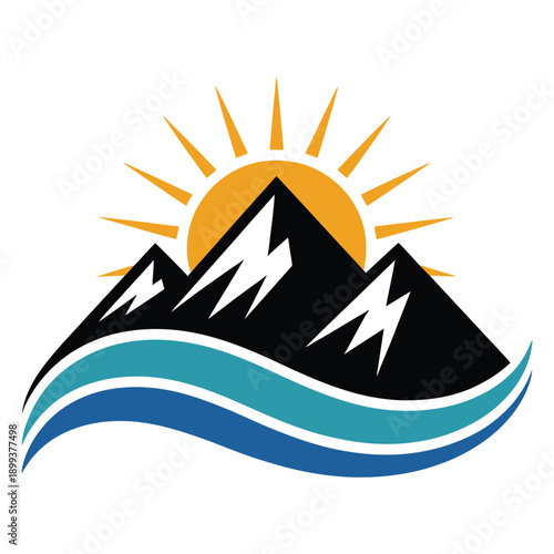 Minimalist mountain and wave landscape with rising sun vector illustration