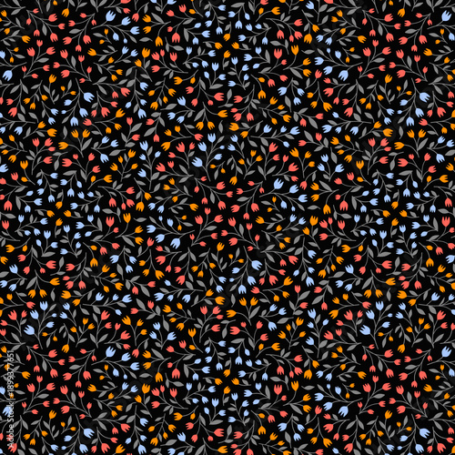 Bright colorful small tulip flowers on a black background Simple floral, botanical, natural pattern
