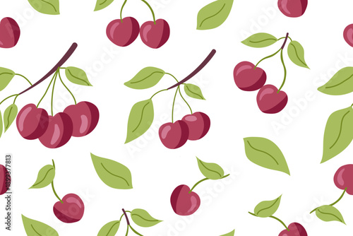 Cherry seamless pattern on white background. Vector flat banner.