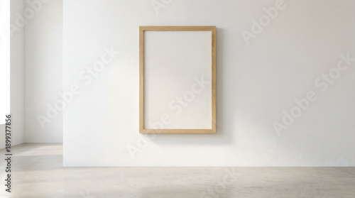Vertical Wooden Picture Frame Mockup on White Wall, Minimalist Interior Design, Empty Canvas Poster Mock-up in Bright Modern Room