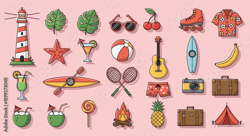 A vibrant collection of summer vacation and beach-themed icons, including a lighthouse, tropical drinks, fruits, and recreational items, set against a pink background.