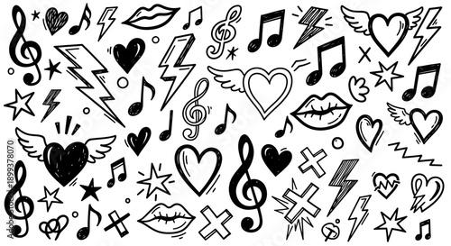 A collection of hand-drawn doodle icons featuring musical notes, hearts with wings, lightning bolts, and lips.