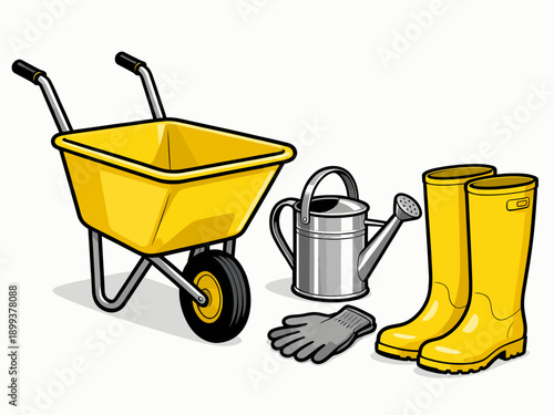 Gardening tools set with yellow wheelbarrow and boots