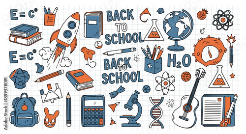 A vibrant collection of hand-drawn school supplies and educational icons, including books, a rocket, a globe, and scientific symbols, on a grid background.