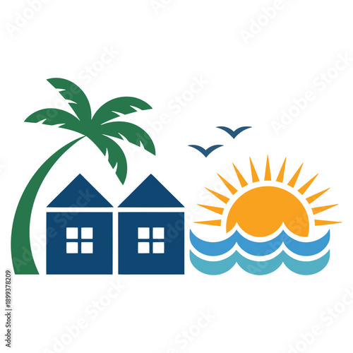 Vacation home by the sea with palm tree and sunset