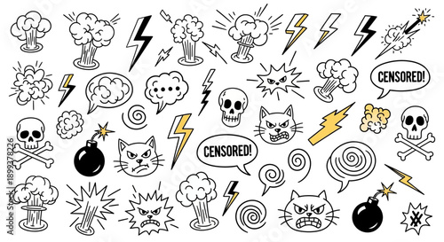 A collection of hand-drawn doodle illustrations featuring explosions, lightning bolts, skulls, angry cats, and censored speech bubbles.