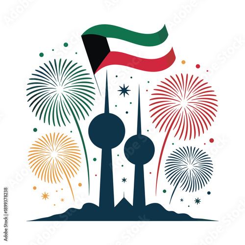 Kuwait National Day Fireworks with Flag and Landmark Celebration Illustration