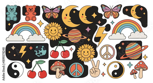 A vibrant collection of retro-inspired graphic elements including moons, suns, rainbows, butterflies, cherries, mushrooms, and peace signs on a black background.