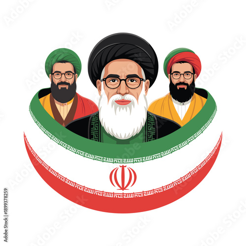 Iranian Religious Leaders Portrait with National Flag Political Illustration
