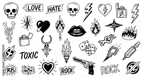 A collection of black and white doodle-style tattoo designs featuring skulls, hearts, lightning bolts, dice, and various symbolic imagery.