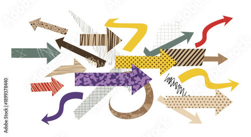 A chaotic and colorful collage of various arrows pointing in different directions, symbolizing confusion and choices.