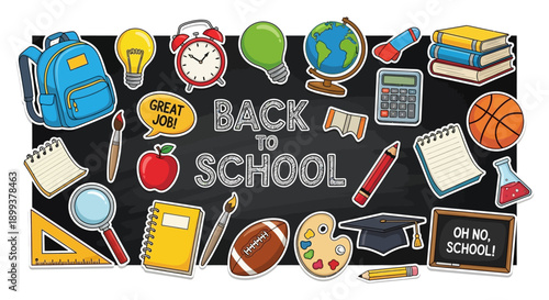 A vibrant collection of colorful school supplies and educational icons arranged on a chalkboard background, celebrating the start of the academic year.