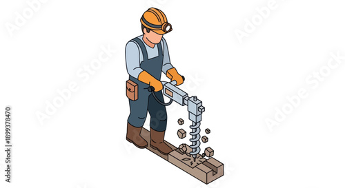 Construction Worker Operating Chainsaw on Wood.