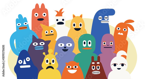 A diverse group of colorful, cartoonish monsters with various facial expressions and body shapes, arranged in a playful cluster against a light yellow background.