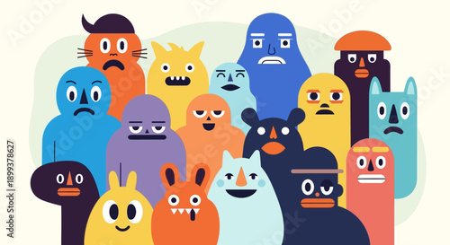 A diverse group of colorful, abstract, cartoon monsters with various expressions and features.