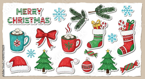 A collection of festive Christmas-themed illustrations including Santa hats, hot chocolate mugs, stockings, candy canes, and pine branches.