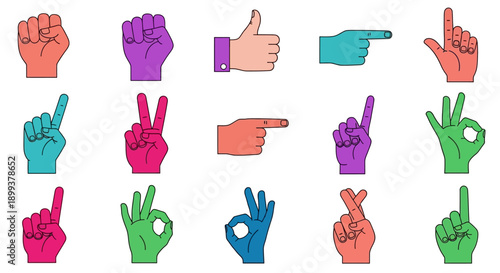 A collection of colorful hand gestures and signs depicted in a grid layout against a white background.