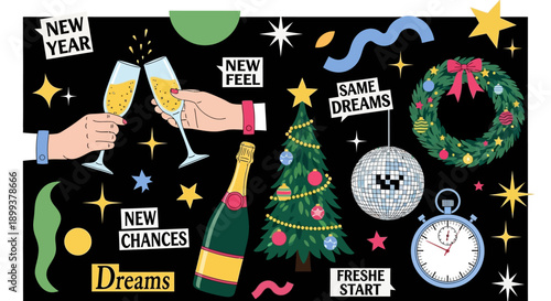 A vibrant collection of New Year's Eve and holiday celebration elements, including champagne, a Christmas tree, and festive decorations, set against a dark background.