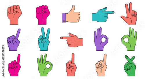 A collection of colorful hand gestures and signs, including fists, thumbs up, pointing fingers, and OK symbols, arranged in a grid.