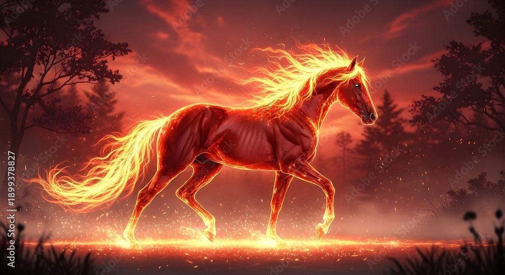 Obraz premium Fiery horse running through sunset forest with glowing mane and tail