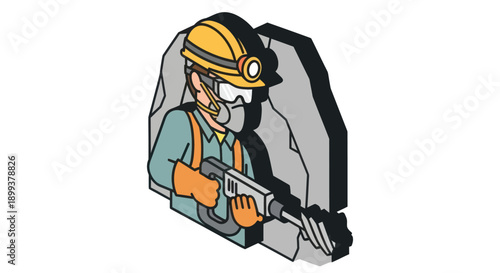 Miner Worker Wearing Safety Gear Underground.